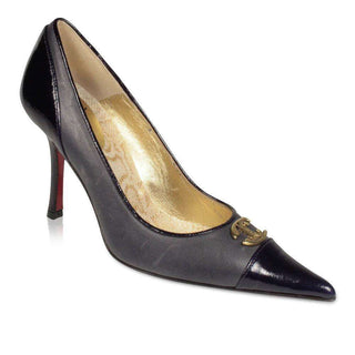 Just Cavalli Shoes High-Heel Navy Leather Pumps w/ Logo Plate (JC1504)-AmbrogioShoes