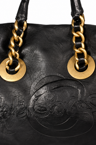 Just Cavalli Handbag Black Leather Small Satchel w/Graffiti Logo (JC162)