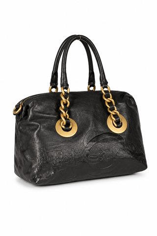 Just Cavalli Handbag Black Leather Small Satchel w/Graffiti Logo (JC162)