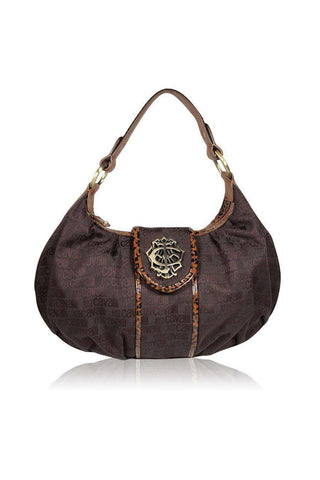 Just Cavalli Handbag Brown Patent leather Leopard Trim Monogram Logo Hobo (JC177)
