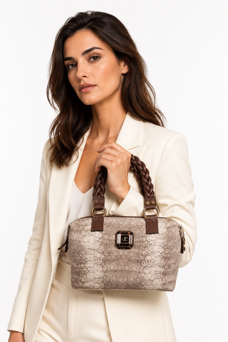 Just Cavalli Satchel Beige & Brown Lizard Skin Embossed Women's Handbag (JC190)