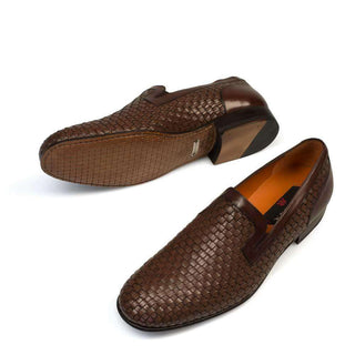 Luxurious Handmade Mezlan Eliseo Mens Shoes Brown Woven Italian Calfskin Loafers 8380 (MZ2500)-AmbrogioShoes