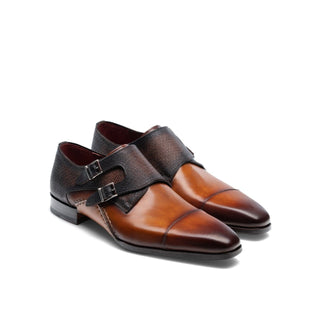 Magnanni 19616 Ondara II Two-Tone Brown Lizard Print / Calf-Skin Leather Monk-Straps Loafers (MAGS1000)-AmbrogioShoes