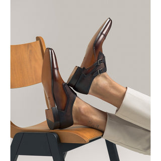 Magnanni 19616 Ondara II Two-Tone Brown Lizard Print / Calf-Skin Leather Monk-Straps Loafers (MAGS1000)-AmbrogioShoes