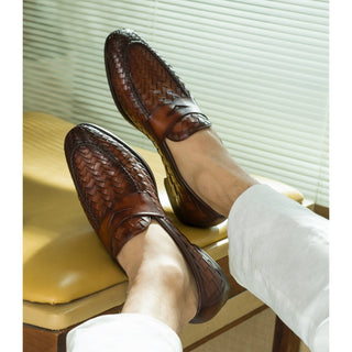Magnanni 24461 Herman Boltiarcade Cognac Woven Leather Penny Loafers (MAGS1080)-AmbrogioShoes