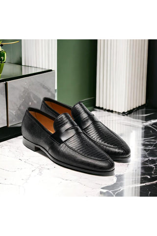 Magnanni Vicente 23257 Black Exotic Genuine Lizard Skin Classic Penny Loafers (MAGS1102)