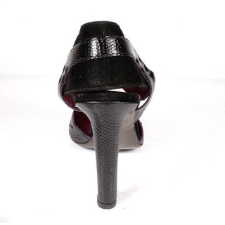 Manolo Blahnik Pinnuu Women's Designer Shoes Black Lizard Skin /Suede Leather Buckle-Straps Pumps (MB1501)-AmbrogioShoes