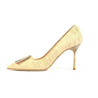 Manolo Blahnik Women's Designer Designer Shoes Beige Lizard / Fabric / Calf-Skin Leather Ruched Pumps (MB1504)-AmbrogioShoes
