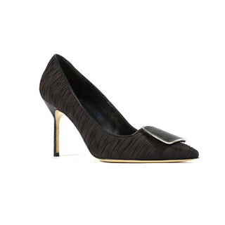 Manolo Blahnik Women's Designer Designer Shoes Black Lizard / Fabric / Calf-Skin Leather Ruched Pumps (MB1508)-AmbrogioShoes