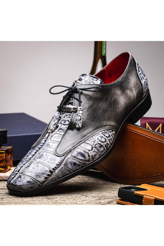 Marco Di Milano Anzio Newspaper & Gray Exotic Alligator / Calfskin Leather Derby (MDM1037)