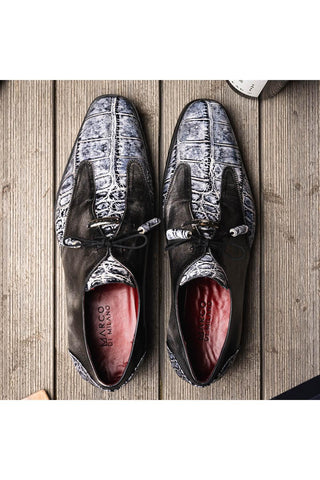 Marco Di Milano Anzio Newspaper & Gray Exotic Alligator / Calfskin Leather Derby (MDM1037)