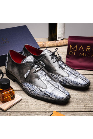 Marco Di Milano Anzio Newspaper & Gray Exotic Alligator / Calfskin Leather Derby (MDM1037)