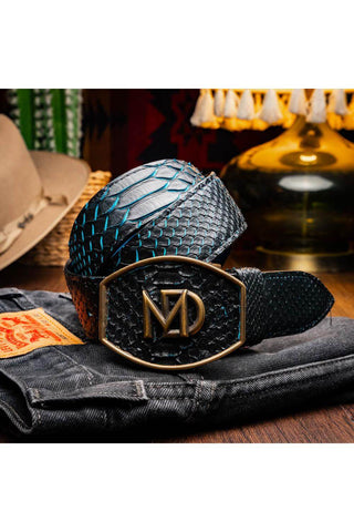 Marco Di Milano Arkansas Men’s Black & Blue Genuine Python Skin Belt (MDMB1046)