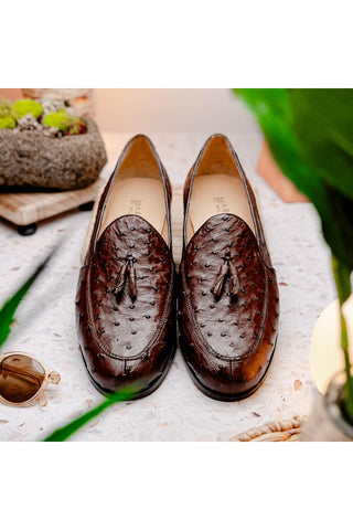 Marco Di Milano Aubiere Exotic Brown Ostrich Tassels Loafers (MDM1198)