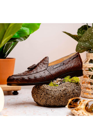 Marco Di Milano Aubiere Exotic Brown Ostrich Tassels Loafers (MDM1198)