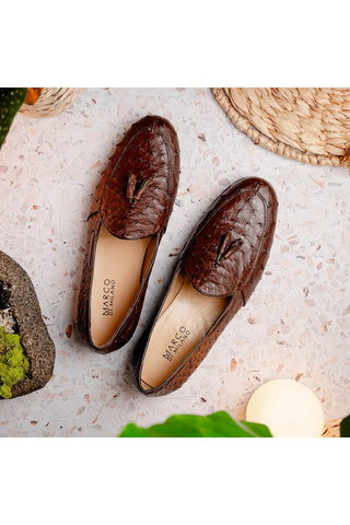 Marco Di Milano Aubiere Exotic Brown Ostrich Tassels Loafers (MDM1198)