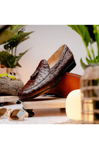 Marco Di Milano Aubiere Exotic Brown Ostrich Tassels Loafers (MDM1198)