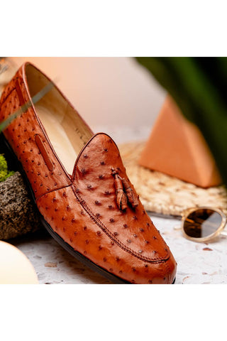 Marco Di Milano Aubiere Exotic Cognac Ostrich Tassels Loafers (MDM1198)