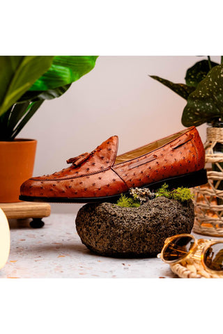 Marco Di Milano Aubiere Exotic Cognac Ostrich Tassels Loafers (MDM1198)