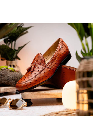 Marco Di Milano Aubiere Exotic Cognac Ostrich Tassels Loafers (MDM1198)