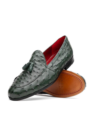 Marco Di Milano Aubiere Exotic Forest Green Ostrich Tassels Loafers (MDM1198)