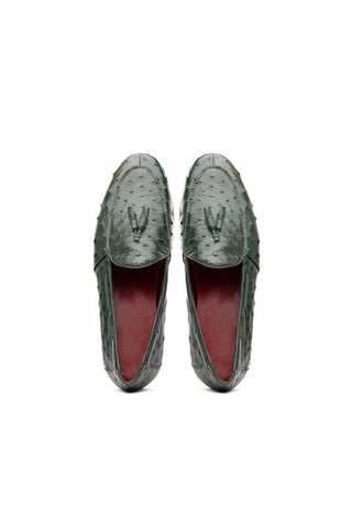 Marco Di Milano Aubiere Exotic Forest Green Ostrich Tassels Loafers (MDM1198)