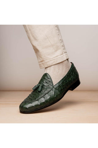 Marco Di Milano Aubiere Exotic Forest Green Ostrich Tassels Loafers (MDM1198)
