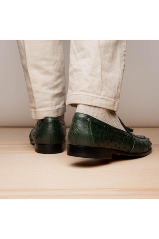 Marco Di Milano Aubiere Exotic Forest Green Ostrich Tassels Loafers (MDM1198)