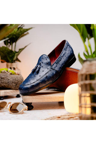 Marco Di Milano Aubiere Exotic Navy Ostrich Tassel Loafers (MDM1198)