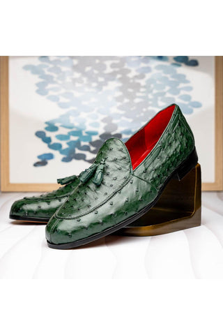 Marco Di Milano Aubiere Forest Green Ostrich Tassels Loafers (MDM1198)