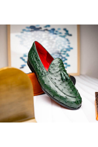 Marco Di Milano Aubiere Forest Green Ostrich Tassels Loafers (MDM1198)