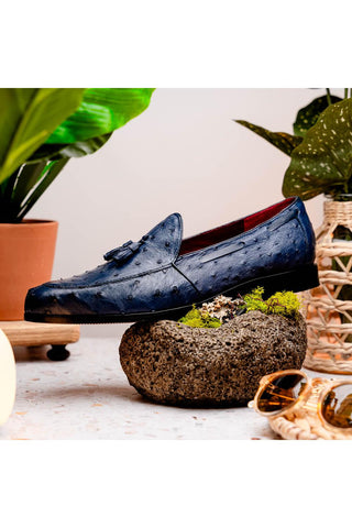 Marco Di Milano Aubiere Navy Ostrich Tassel Loafers (MDM1198)