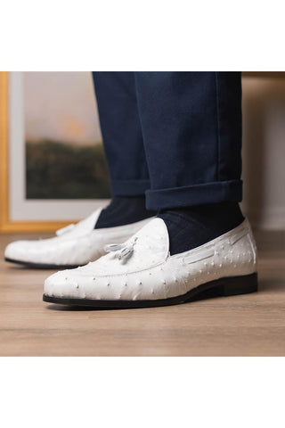 Marco Di Milano Aubiere White Exotic Ostrich Tassels Loafers (MDM1198)
