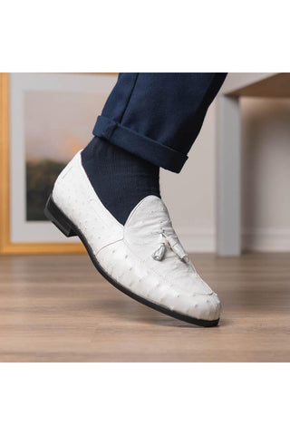 Marco Di Milano Aubiere White Exotic Ostrich Tassels Loafers (MDM1198)