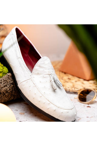 Marco Di Milano Aubiere White Exotic Ostrich Tassels Loafers (MDM1198)