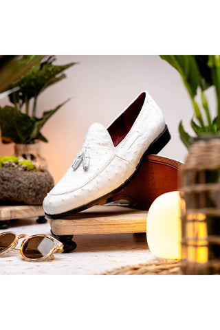 Marco Di Milano Aubiere White Ostrich Tassels Loafers (MDM1198)