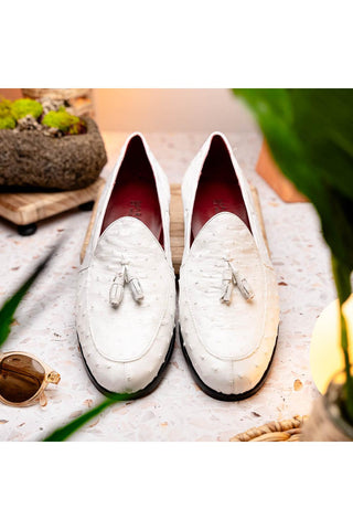Marco Di Milano Aubiere White Ostrich Tassels Loafers (MDM1198)
