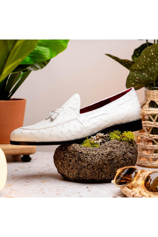 Marco Di Milano Aubiere White Ostrich Tassels Loafers (MDM1198)