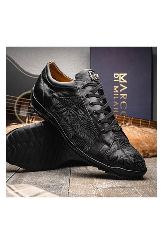 Marco Di Milano Bari Black Genuine Patchwork Lizard Skin Fashion Sneakers (MDM1142)