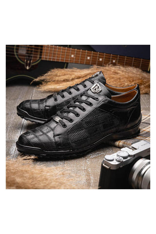 Marco Di Milano Bari Black Genuine Patchwork Lizard Skin Fashion Sneakers (MDM1142)