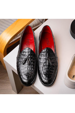 Marco Di Milano Bianchi Black Caiman Crocodile Tassels Loafers (MDM1197)