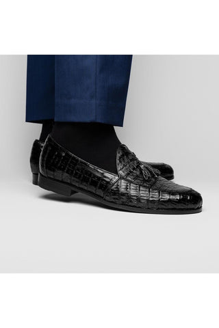 Marco Di Milano Bianchi Black Caiman Crocodile Tassels Loafers (MDM1197)