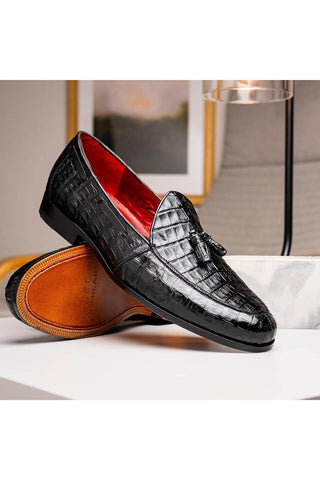 Marco Di Milano Bianchi Black Caiman Crocodile Tassels Loafers (MDM1197)