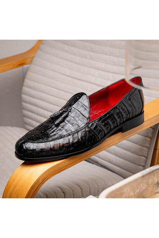 Marco Di Milano Bianchi Black Caiman Crocodile Tassels Loafers (MDM1197)