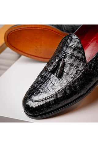 Marco Di Milano Bianchi Black Exotic Caiman Crocodile Tassels Loafers (MDM1197)