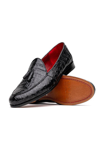 Marco Di Milano Bianchi Black Exotic Caiman Crocodile Tassels Loafers (MDM1197)