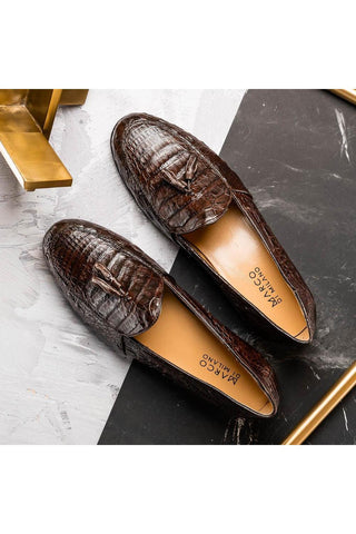 Marco Di Milano Bianchi Brown Caiman Crocodile Tassels Loafers (MDM1197)