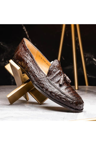 Marco Di Milano Bianchi Brown Exotic Caiman Crocodile Tassels Loafers (MDM1197)