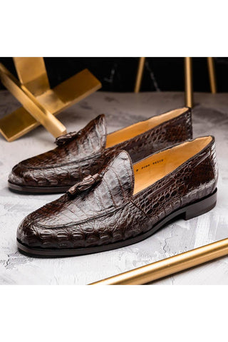 Marco Di Milano Bianchi Brown Exotic Caiman Crocodile Tassels Loafers (MDM1197)