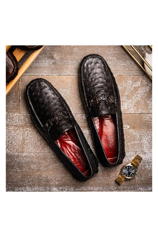 Marco Di Milano Bolonia Black Exotic Ostrich Horse-Bit Driver Loafer (MDM1205)